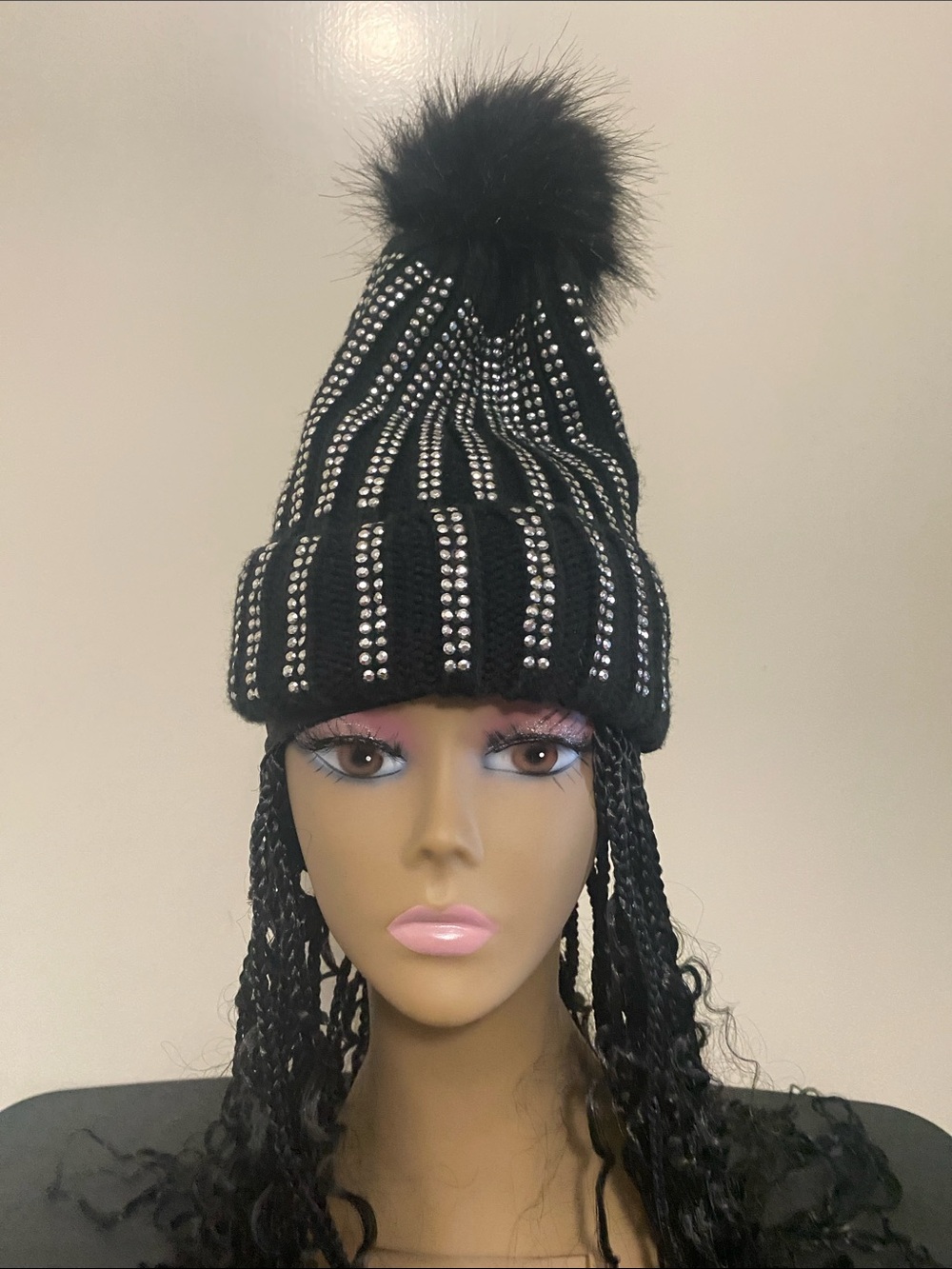 Lane Bryant Black Rhinestone Pom-Pom Knit Hat